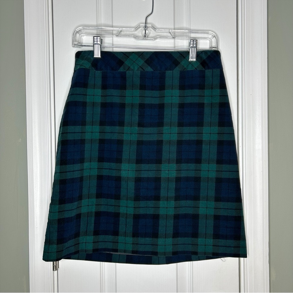Talbots Petite Preppy Holiday Velvet Green Blue Checkered A-Line Plaid Skirt